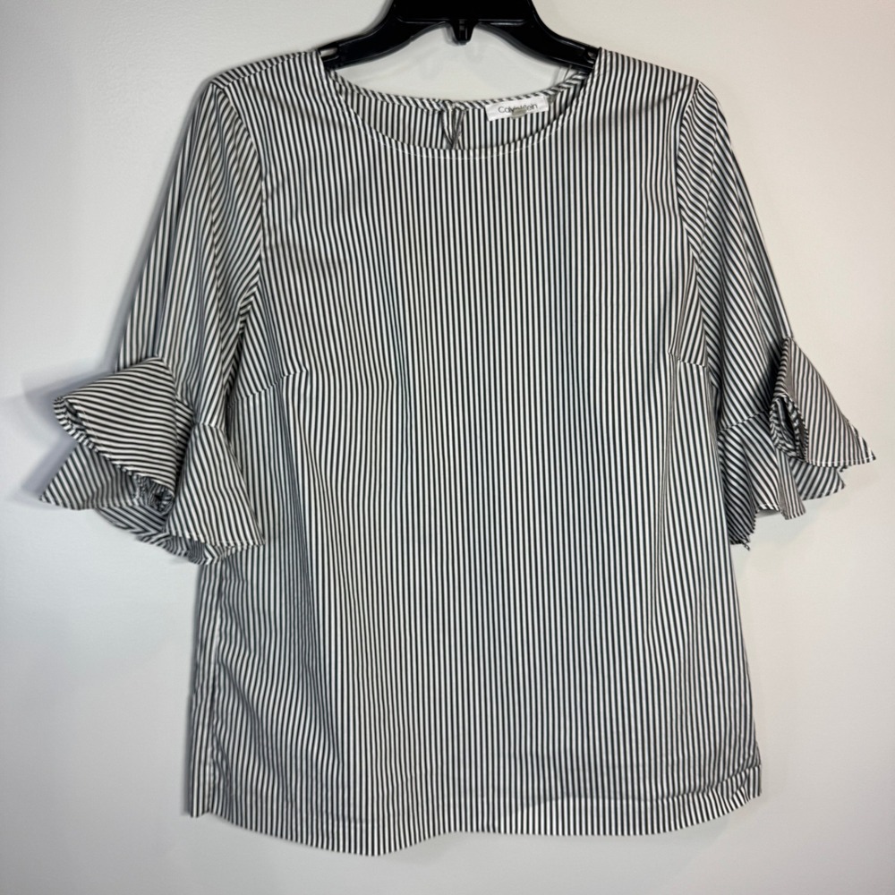 Calvin Klein Blouse Women's Small Ruffle Sleeve Striped Buissness Casual Classic